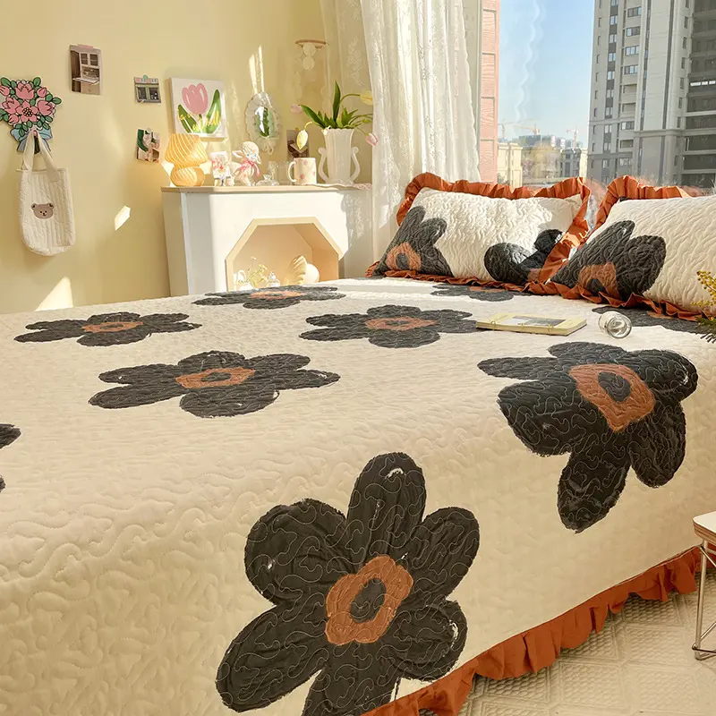 3 Pcs Set Korea Style Quilted Coverlet Set Ruffles Queen Size Bed Spread and Pillowcase Home Bed Cover