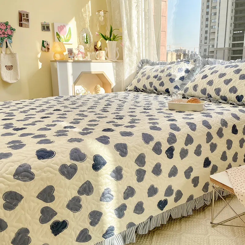 3 Pcs Set Korea Style Quilted Coverlet Set Ruffles Queen Size Bed Spread and Pillowcase Home Bed Cover