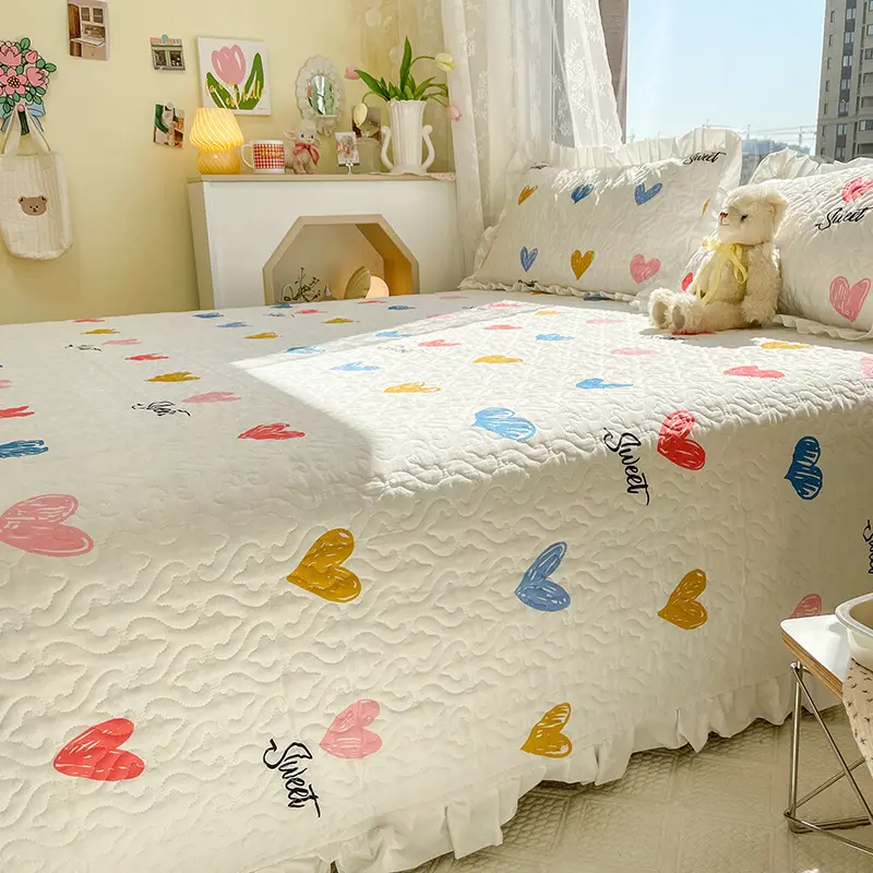 3 Pcs Set Korea Style Quilted Coverlet Set Ruffles Queen Size Bed Spread and Pillowcase Home Bed Cover