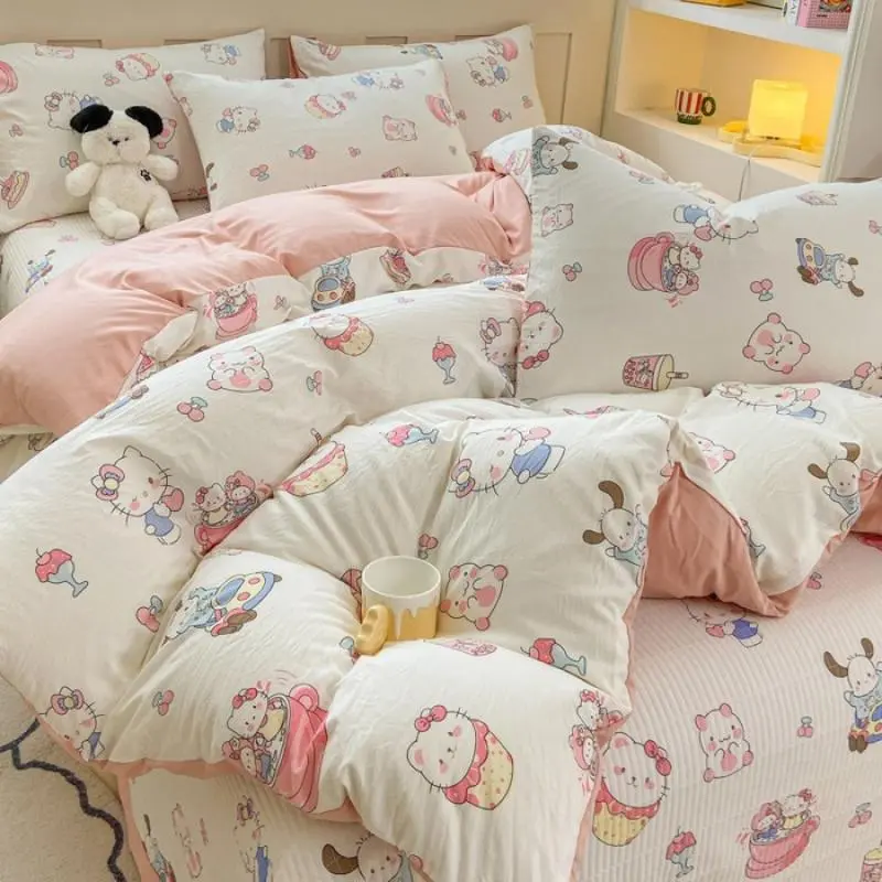 Plant Floral Duvet Cover 3 Piece Set, Cute Cartoon Cat Pattern Bedding Set, Women Kids Girls Bedroom Decorative Pink Quilt Cover