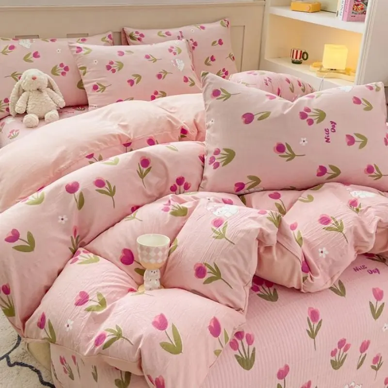 Plant Floral Duvet Cover 3 Piece Set, Cute Cartoon Cat Pattern Bedding Set, Women Kids Girls Bedroom Decorative Pink Quilt Cover