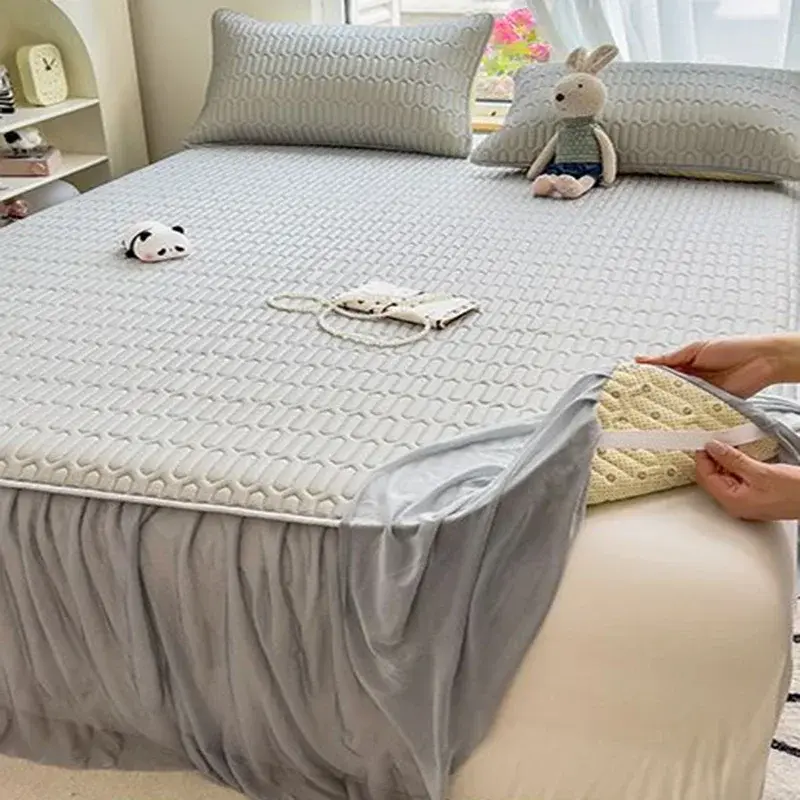 150X200Cm Cool Fabric Latex Printed Bed Skirt Set Solid Color Summer Mat with Elastic Band Multi Layer Breathable Pad Cover