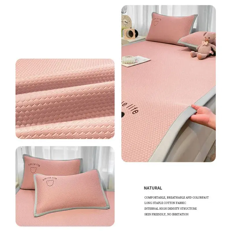 Cartoon Bear Jacquard Ice Bean Mat 2Pcs Set Breathable Soft Mattress with Mesh Bottom Single Cooling Bed Sheet for Kids Adults