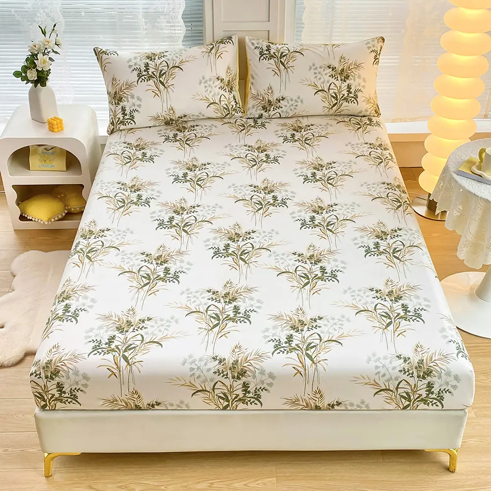 3Pcs Green Leaf Flower Fitted Sheet Set, 1Pc Fitted Sheet and 2*pillowcases All Season for Apartment Bedroom Bedspread
