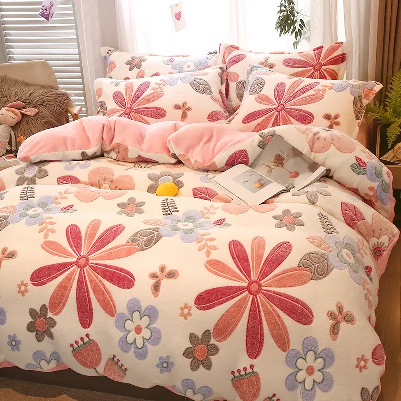 3Pcs/4Pcs Bedding Set, Flower Print Thicken Winter Super Warm Duvet Cover with Sheet Pillowcases for Single Double Bed