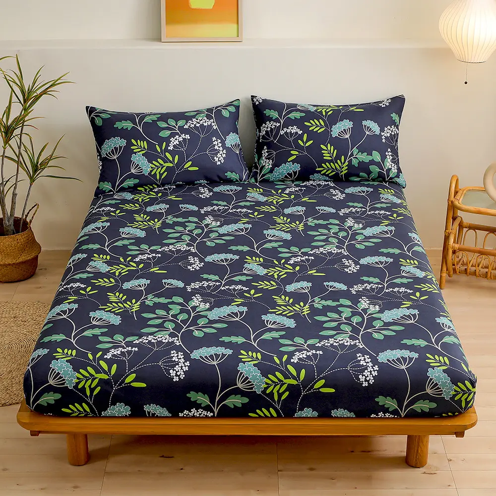 3Pcs Green Leaf Flower Fitted Sheet Set, 1Pc Fitted Sheet and 2*pillowcases All Season for Apartment Bedroom Bedspread