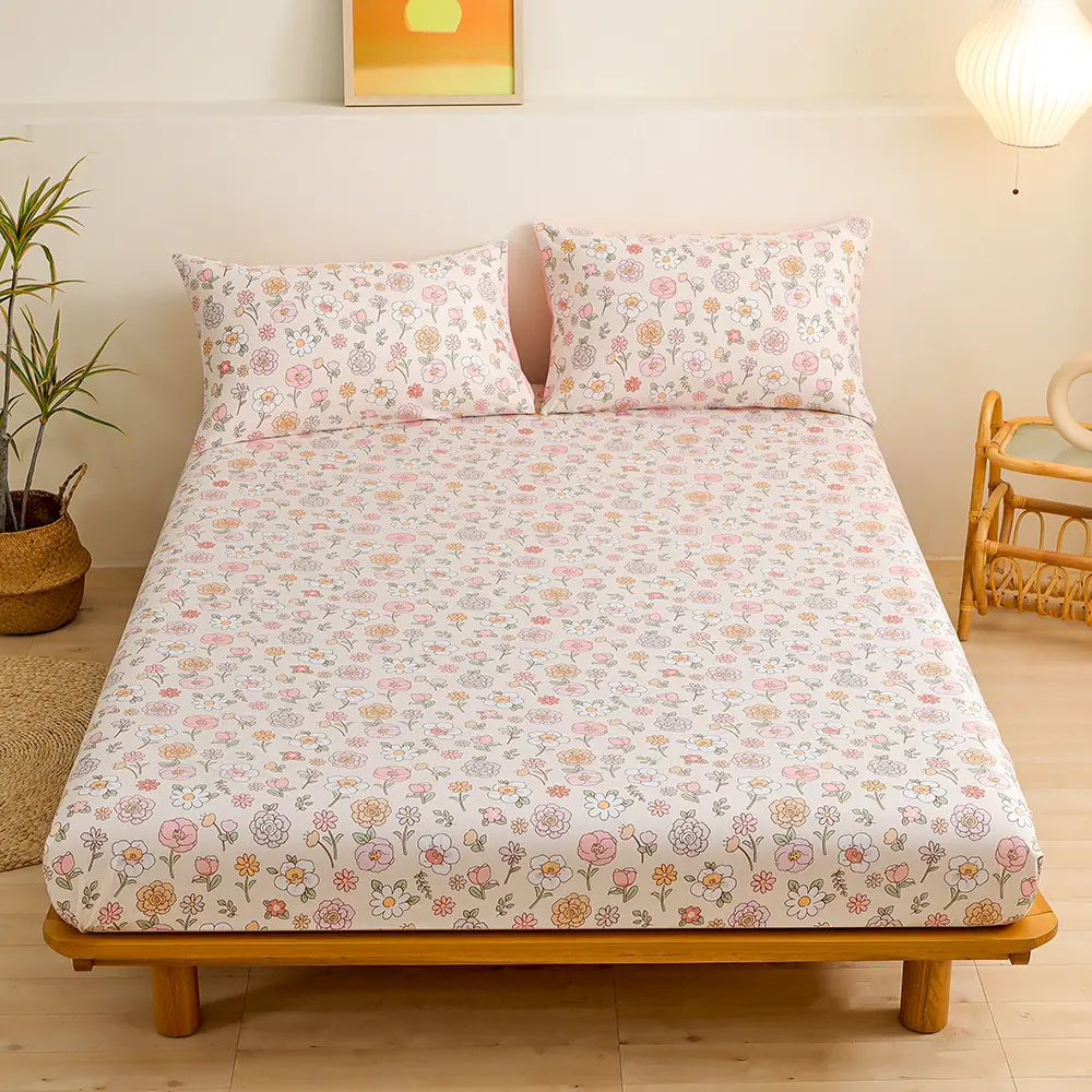 3Pcs Green Leaf Flower Fitted Sheet Set, 1Pc Fitted Sheet and 2*pillowcases All Season for Apartment Bedroom Bedspread