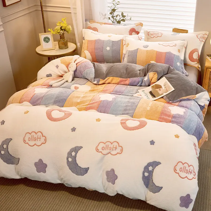 3Pcs/4Pcs Bedding Set, Flower Print Thicken Winter Super Warm Duvet Cover with Sheet Pillowcases for Single Double Bed