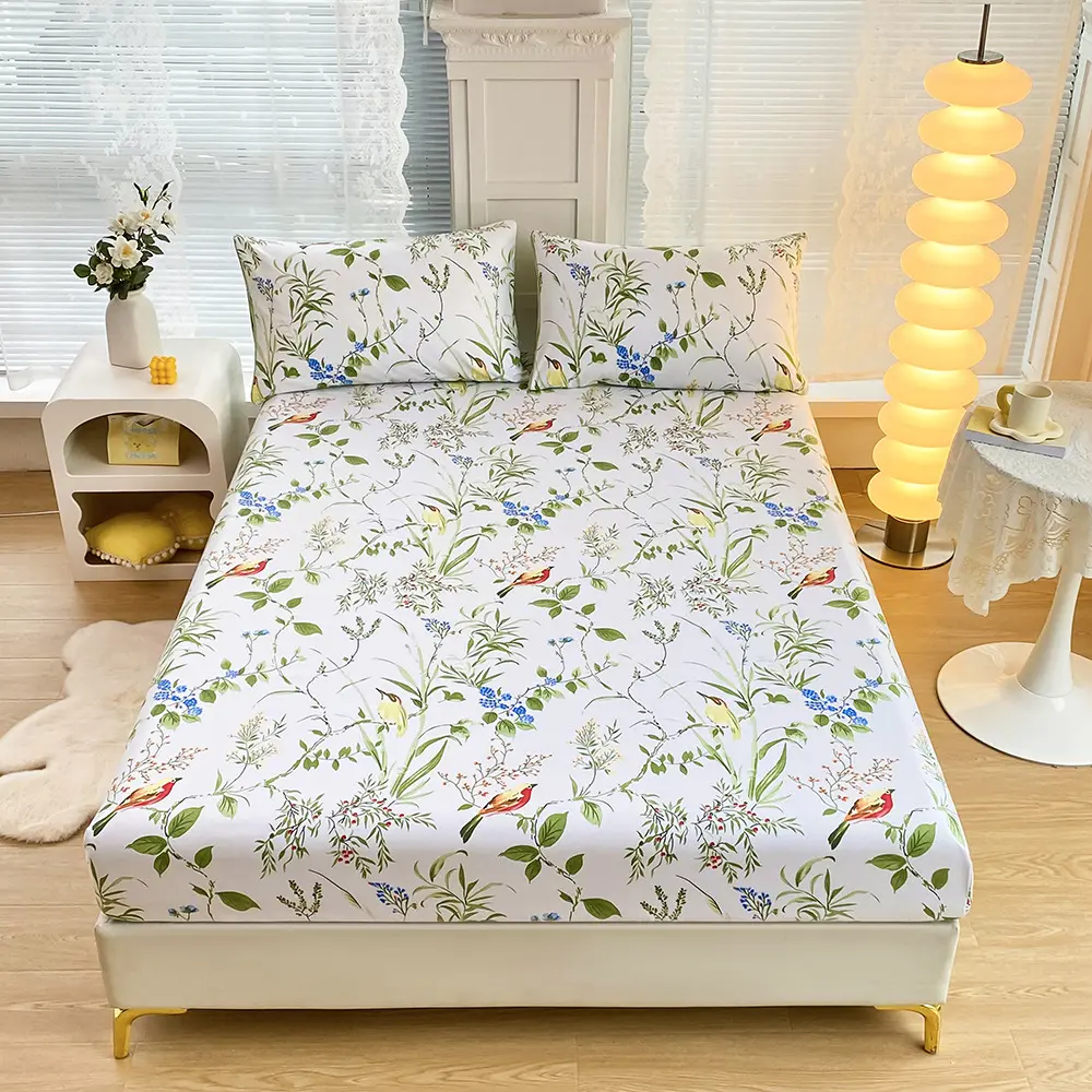 3Pcs Green Leaf Flower Fitted Sheet Set, 1Pc Fitted Sheet and 2*pillowcases All Season for Apartment Bedroom Bedspread