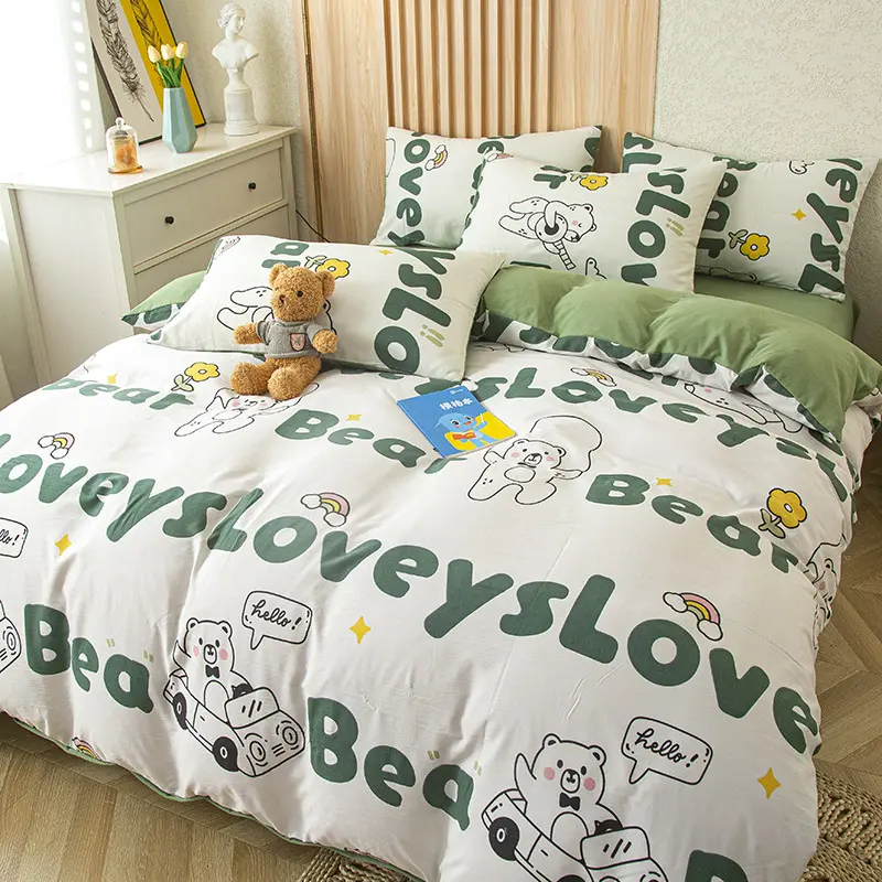 4Pcs Bedding Set, Cute Cat Bear Print Duvet Cover Set with Flat Sheet Pillowcase, Fashion Single Queen Girls Boys Bedding Set