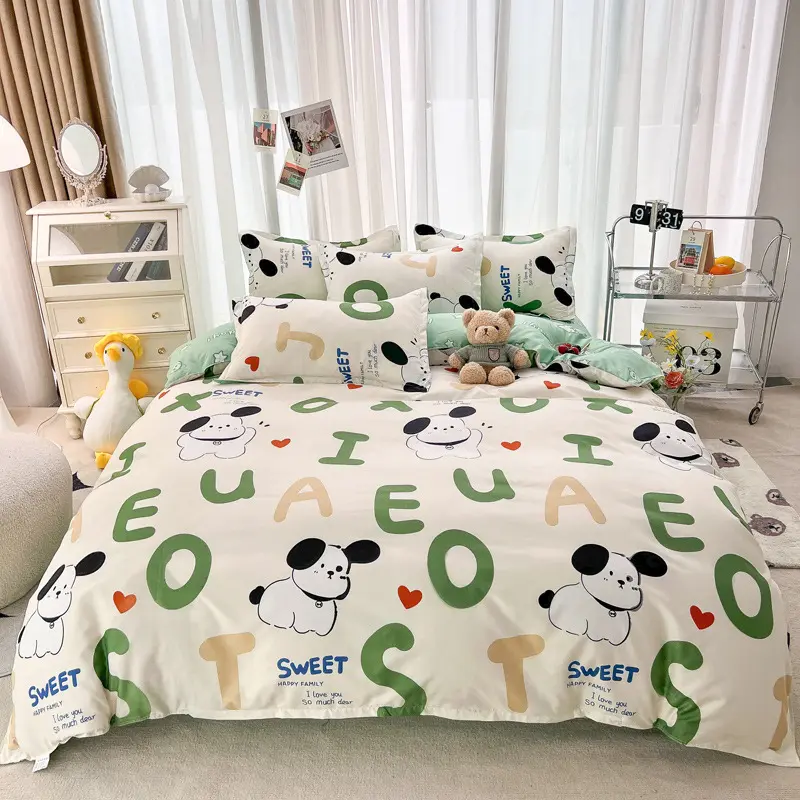 Letter Happy Little Dog Print Duvet Cover Set with Sheet Pillowcases Comforter Quilt Cover Queen/king Single Double Bedding Set