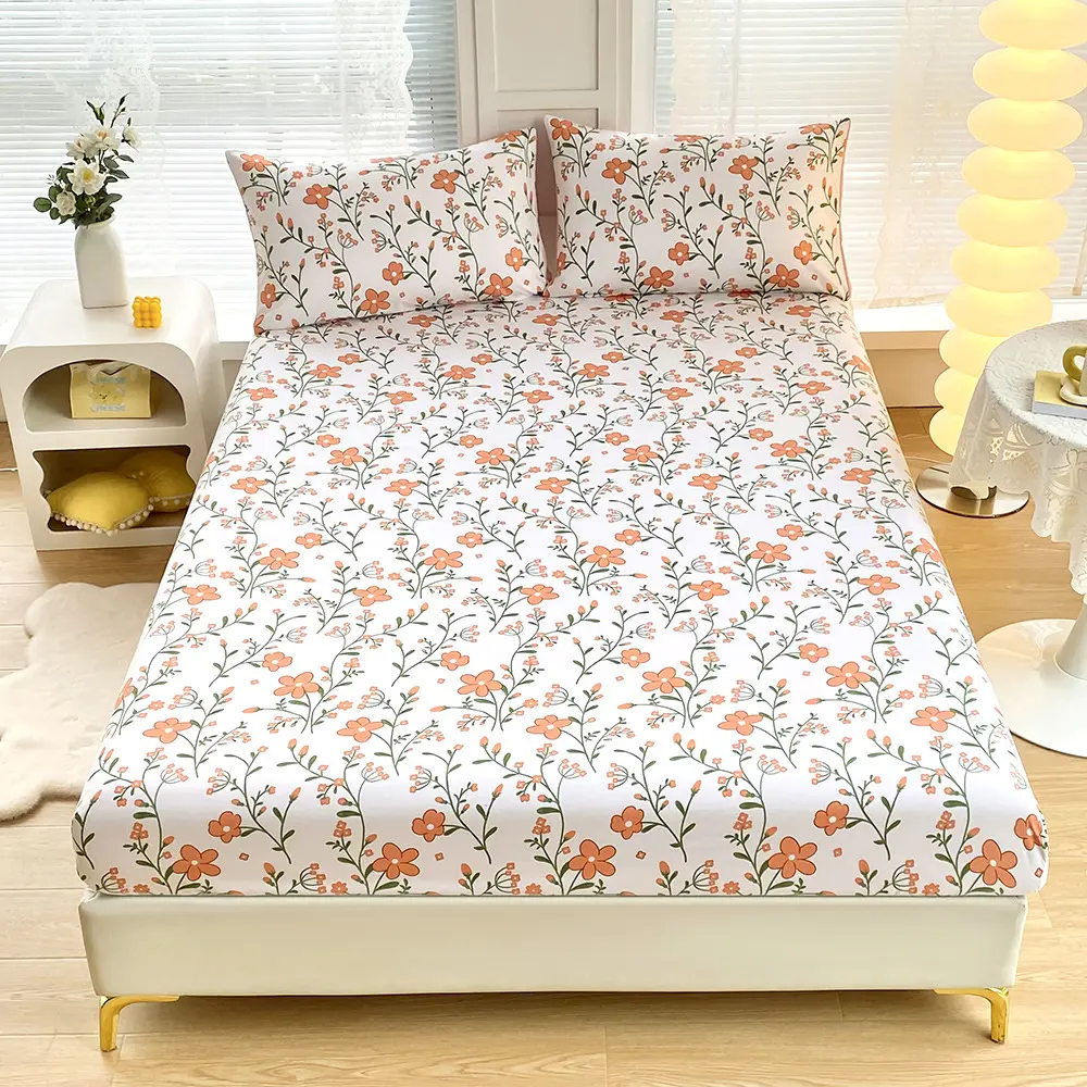 3Pcs Green Leaf Flower Fitted Sheet Set, 1Pc Fitted Sheet and 2*pillowcases All Season for Apartment Bedroom Bedspread
