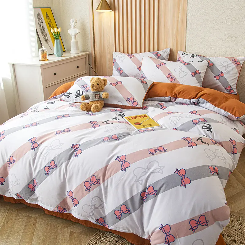 4Pcs Bedding Set, Cute Cat Bear Print Duvet Cover Set with Flat Sheet Pillowcase, Fashion Single Queen Girls Boys Bedding Set