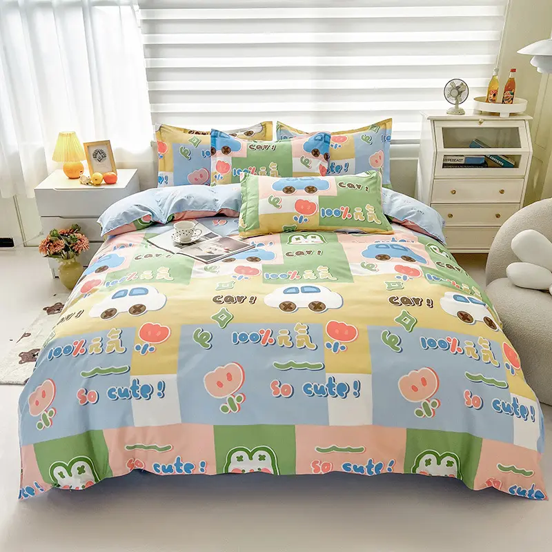 Letter Happy Little Dog Print Duvet Cover Set with Sheet Pillowcases Comforter Quilt Cover Queen/king Single Double Bedding Set