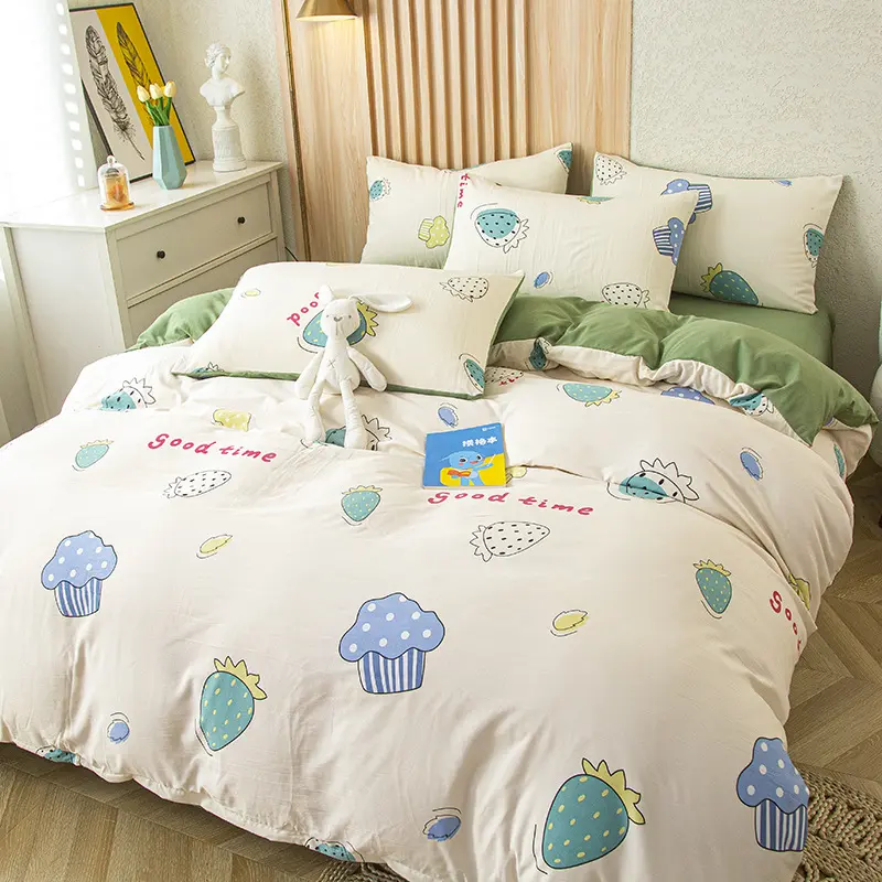 4Pcs Bedding Set, Cute Cat Bear Print Duvet Cover Set with Flat Sheet Pillowcase, Fashion Single Queen Girls Boys Bedding Set