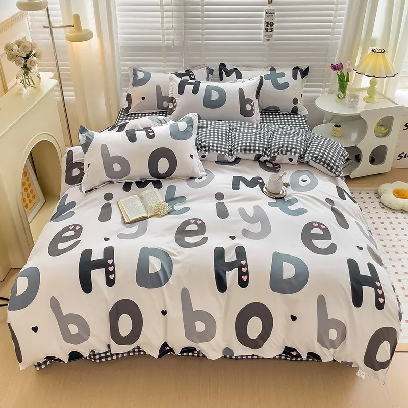 Letter Happy Little Dog Print Duvet Cover Set with Sheet Pillowcases Comforter Quilt Cover Queen/king Single Double Bedding Set