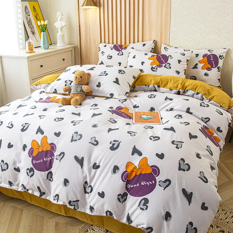 4Pcs Bedding Set, Cute Cat Bear Print Duvet Cover Set with Flat Sheet Pillowcase, Fashion Single Queen Girls Boys Bedding Set