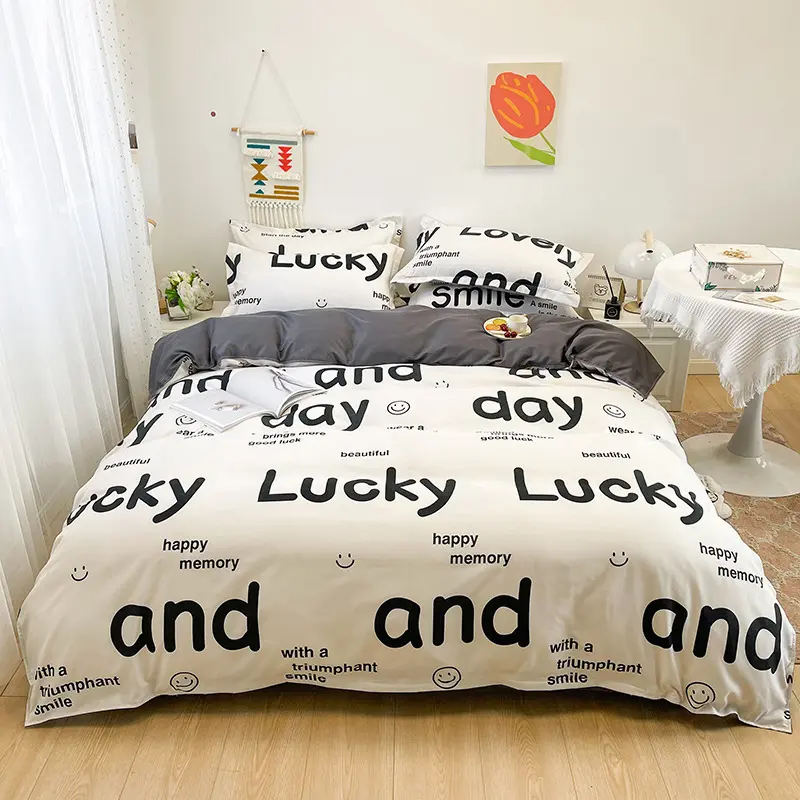 Letter Happy Little Dog Print Duvet Cover Set with Sheet Pillowcases Comforter Quilt Cover Queen/king Single Double Bedding Set