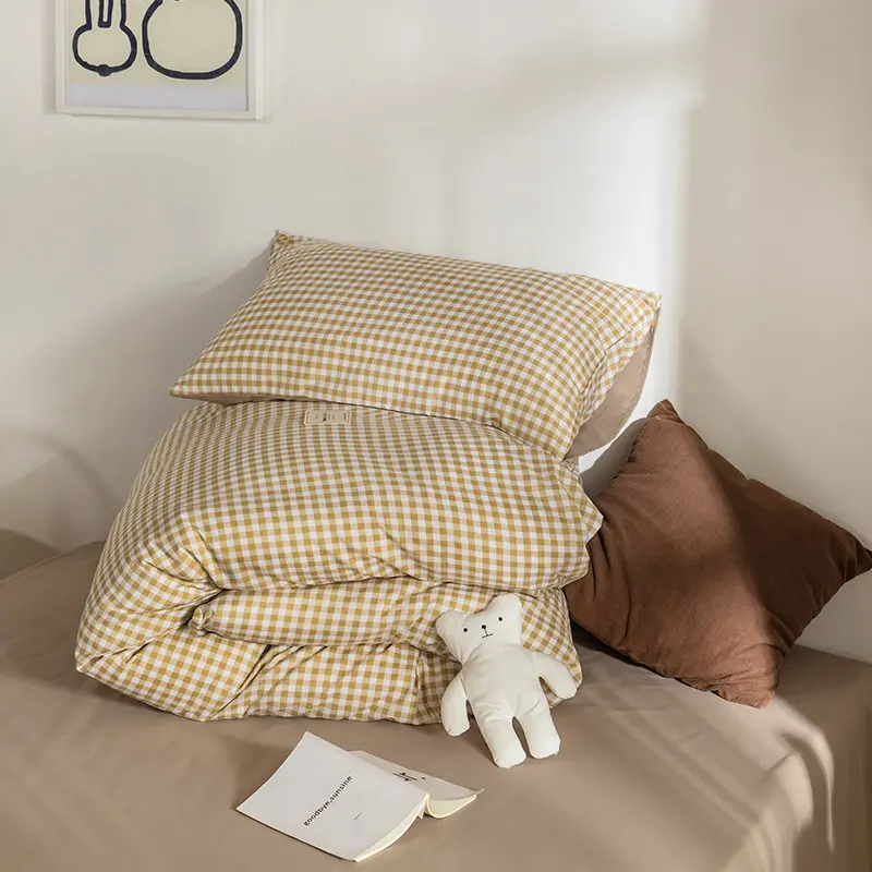 Japan Style Plaid Pattern Duvet Cover Set Queen Soft Skin Friendly Washed Cotton Bedding Set Home Textile Bed Linens Quilt Cover