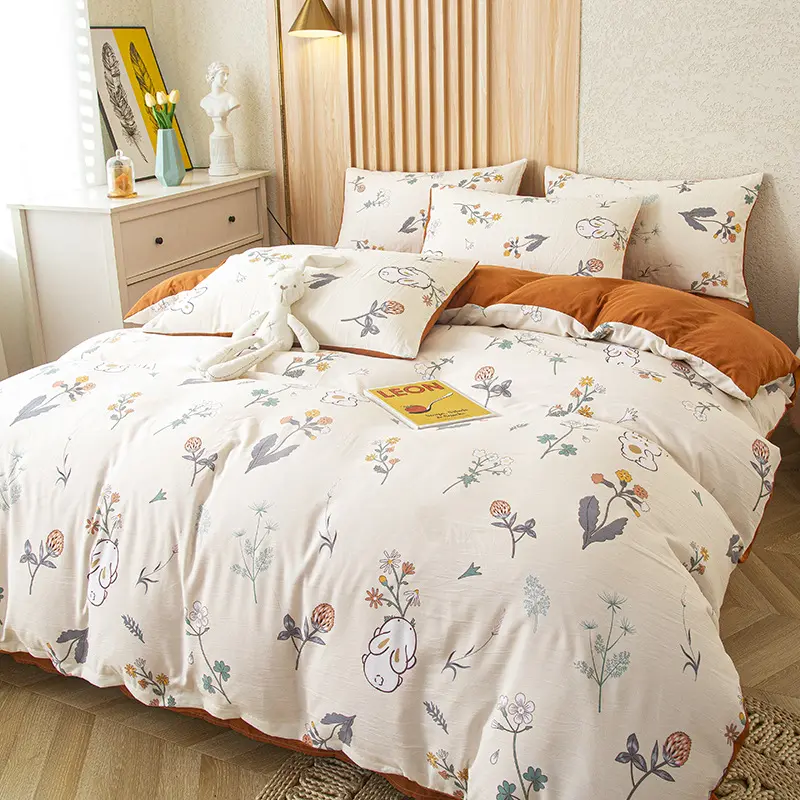 4Pcs Bedding Set, Green Leaf Print Duvet Cover Set with Flat Sheet Pillowcase, Fashion Single Queen Girls Boys Bedding Set