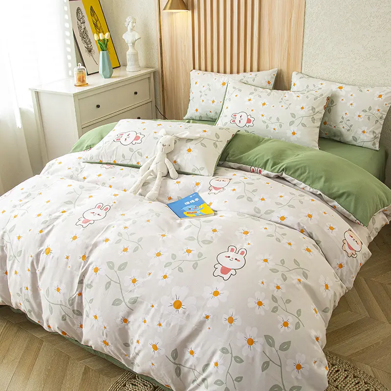 4Pcs Bedding Set, Green Leaf Print Duvet Cover Set with Flat Sheet Pillowcase, Fashion Single Queen Girls Boys Bedding Set