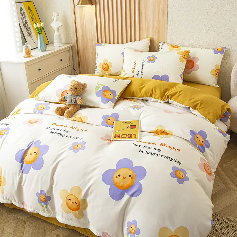 4Pcs Bedding Set, Simple Flower Print Duvet Cover Set with Flat Sheet Pillowcase, Fashion Single Queen Girls Boys Bedding Set
