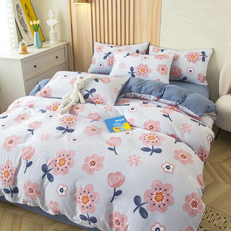 4Pcs Bedding Set, Simple Flower Print Duvet Cover Set with Flat Sheet Pillowcase, Fashion Single Queen Girls Boys Bedding Set