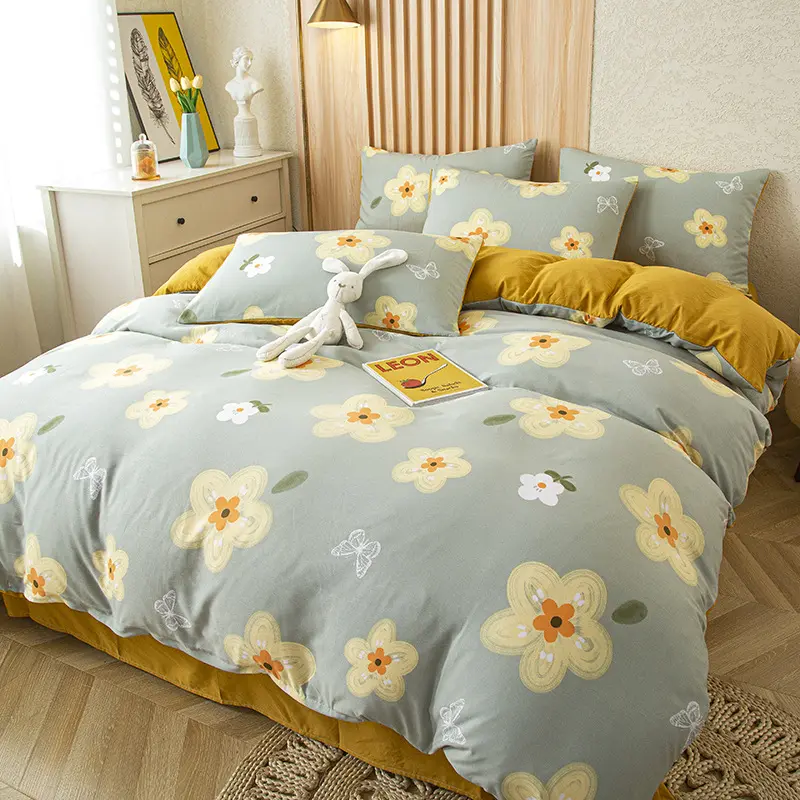 4Pcs Bedding Set, Simple Flower Print Duvet Cover Set with Flat Sheet Pillowcase, Fashion Single Queen Girls Boys Bedding Set