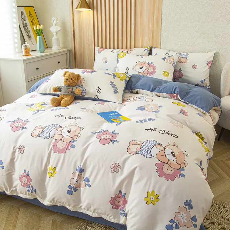 4Pcs Bedding Set, Simple Flower Print Duvet Cover Set with Flat Sheet Pillowcase, Fashion Single Queen Girls Boys Bedding Set