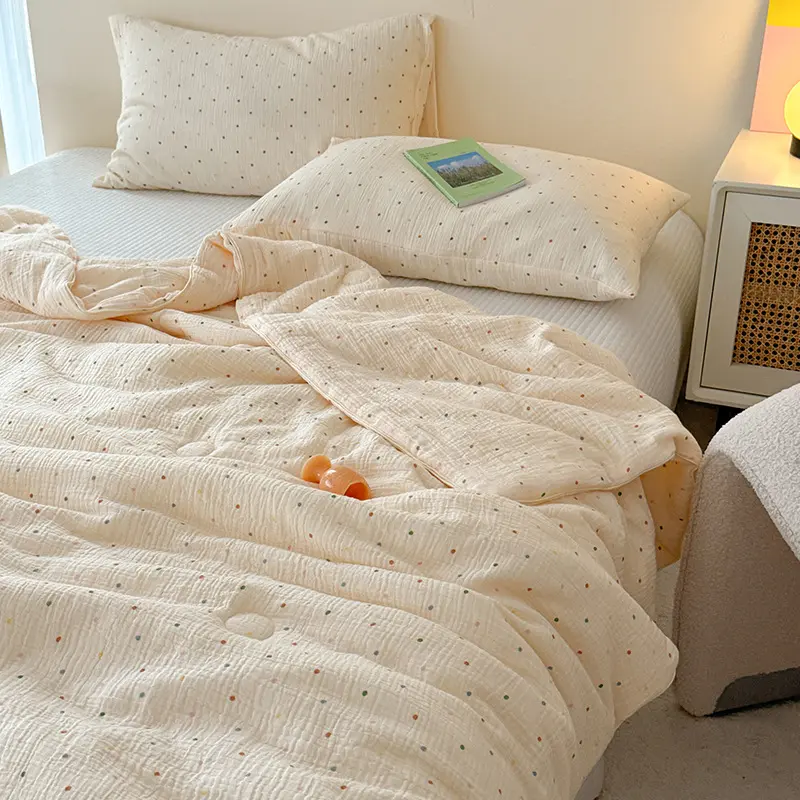 3Pcs Colorful Polka Dot Floral Summer Thin Quilt Set with Pillowcases, Cotton Double-Layer Gauze Skin Friendly Soft Quilt