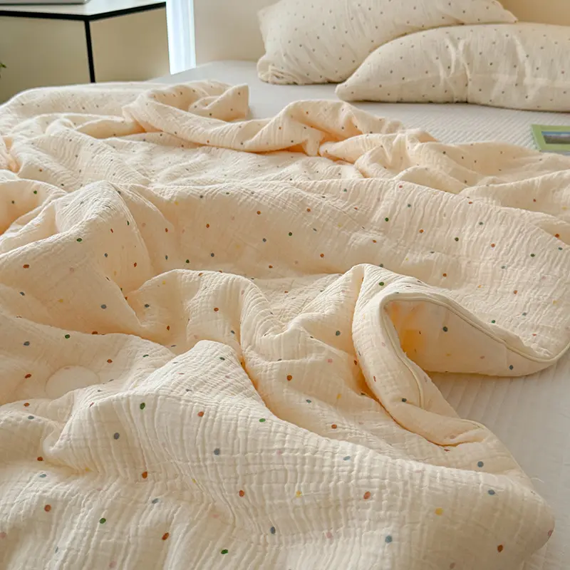 3Pcs Colorful Polka Dot Floral Summer Thin Quilt Set with Pillowcases, Cotton Double-Layer Gauze Skin Friendly Soft Quilt