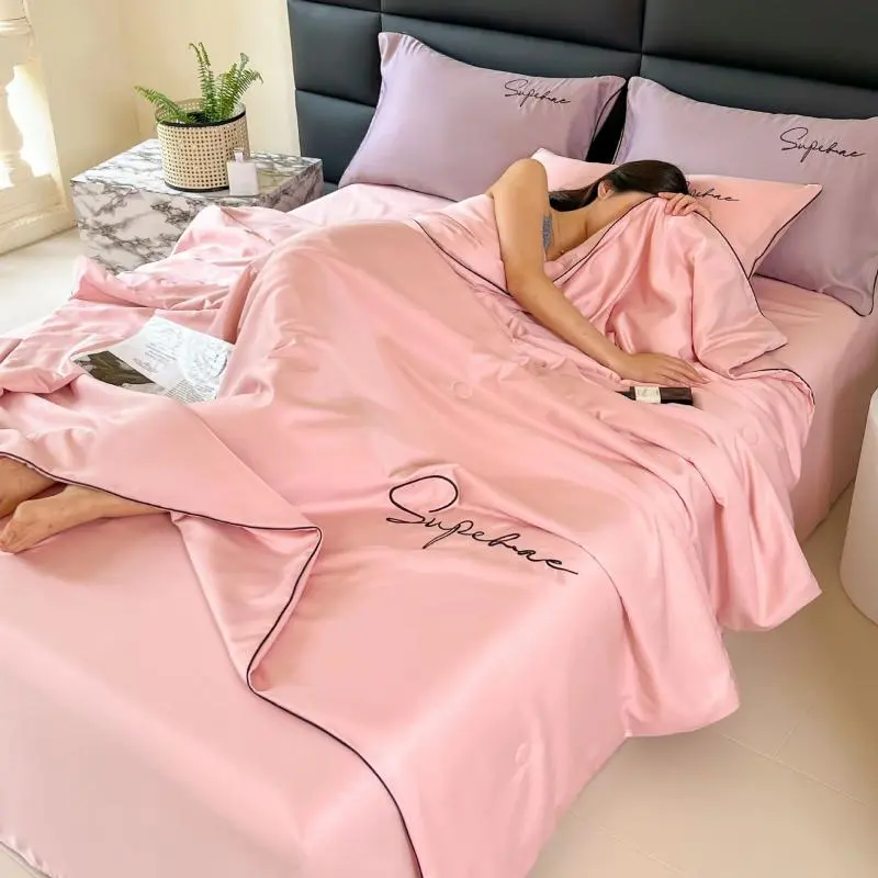 4Pcs Summer Embroidered Thin Quilt Set with Sheets Pillowcases, Ice Air-Conditioned Quilt, Washable Quilt for Single Double Bed