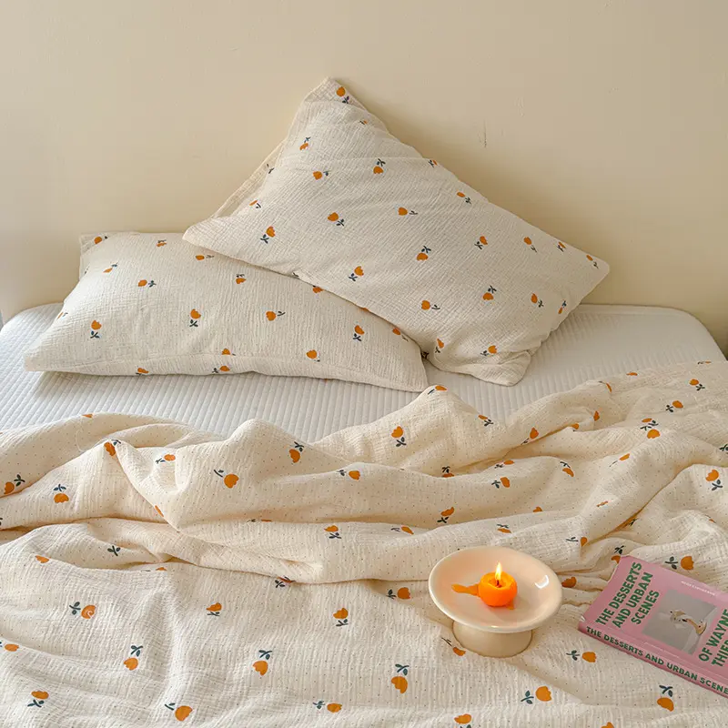 3Pcs Colorful Polka Dot Floral Summer Thin Quilt Set with Pillowcases, Cotton Double-Layer Gauze Skin Friendly Soft Quilt