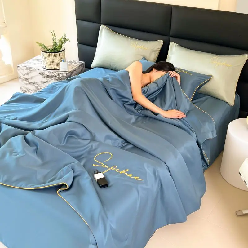 4Pcs Summer Embroidered Thin Quilt Set with Sheets Pillowcases, Ice Air-Conditioned Quilt, Washable Quilt for Single Double Bed