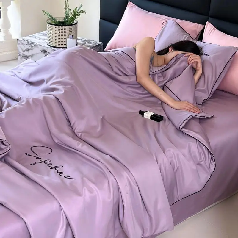 4Pcs Summer Embroidered Thin Quilt Set with Sheets Pillowcases, Ice Air-Conditioned Quilt, Washable Quilt for Single Double Bed