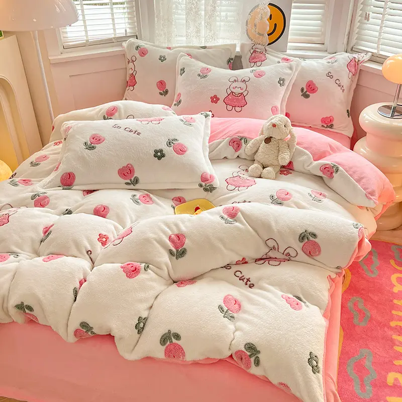 1Pc Winter Flower Printed Thick Duvet Cover, Warm Coral Fleece Duvet Cover for Housse De Couette Flannle Blanket Dekbedovertrek