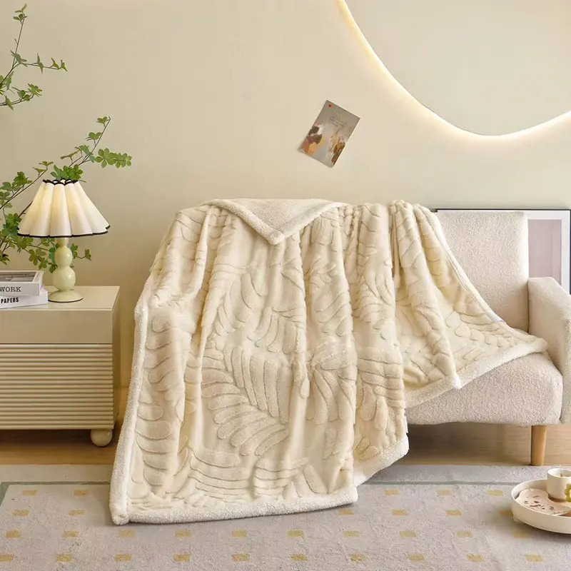 Banana Leaf Jacquard Faux Rabbit Fur Blanket Double Layer Lamb Bedspread for Home Office Skin Friendly Warm Sofa Throw Blankets