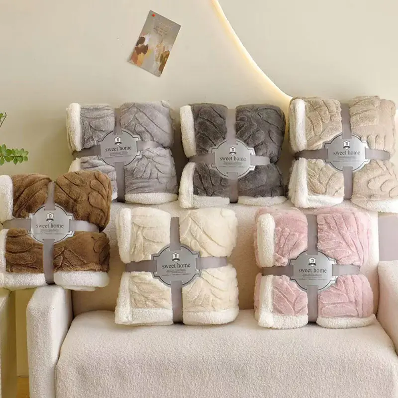 Banana Leaf Jacquard Faux Rabbit Fur Blanket Double Layer Lamb Bedspread for Home Office Skin Friendly Warm Sofa Throw Blankets