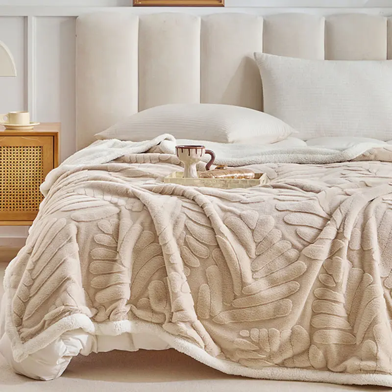 Banana Leaf Jacquard Faux Rabbit Fur Blanket Double Layer Lamb Bedspread for Home Office Skin Friendly Warm Sofa Throw Blankets