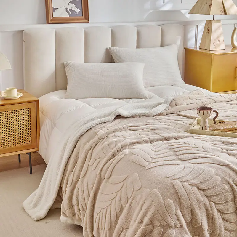 Banana Leaf Jacquard Faux Rabbit Fur Blanket Double Layer Lamb Bedspread for Home Office Skin Friendly Warm Sofa Throw Blankets