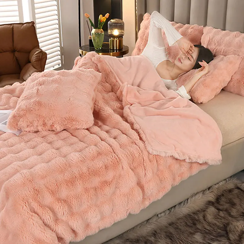 Super Soft Bubble Rabbit Velvet Blankets Multi Purpose All Seasons Air Conditioning Plush Blanket Solid Sofa Cover for Home
