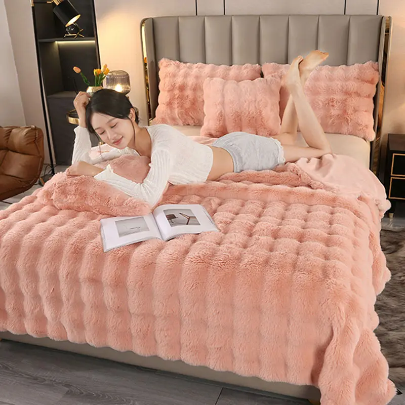 Super Soft Bubble Rabbit Velvet Blankets Multi Purpose All Seasons Air Conditioning Plush Blanket Solid Sofa Cover for Home