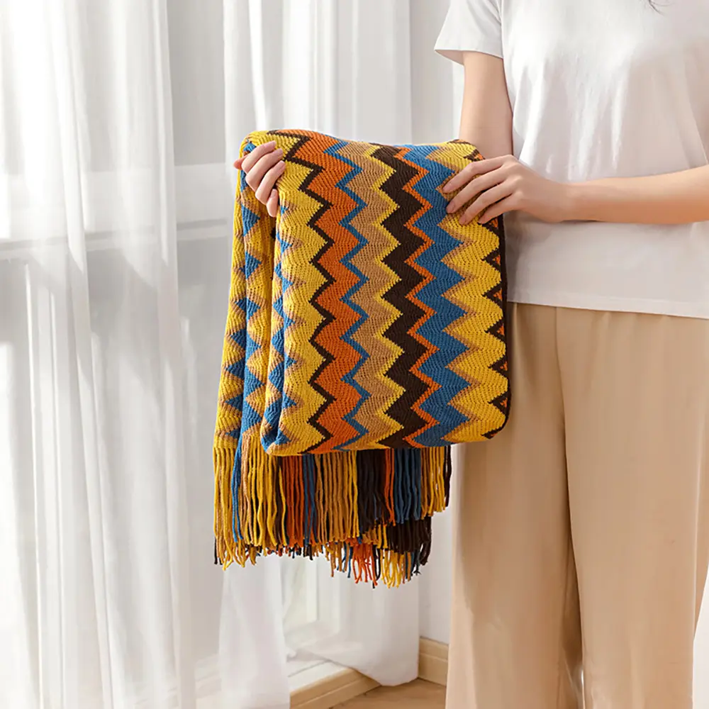 1Pc Bohemian Knitted Blanket with Tassels, Vintage Oversized Blanket