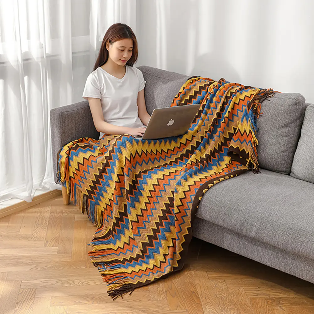 1Pc Bohemian Knitted Blanket with Tassels, Vintage Oversized Blanket
