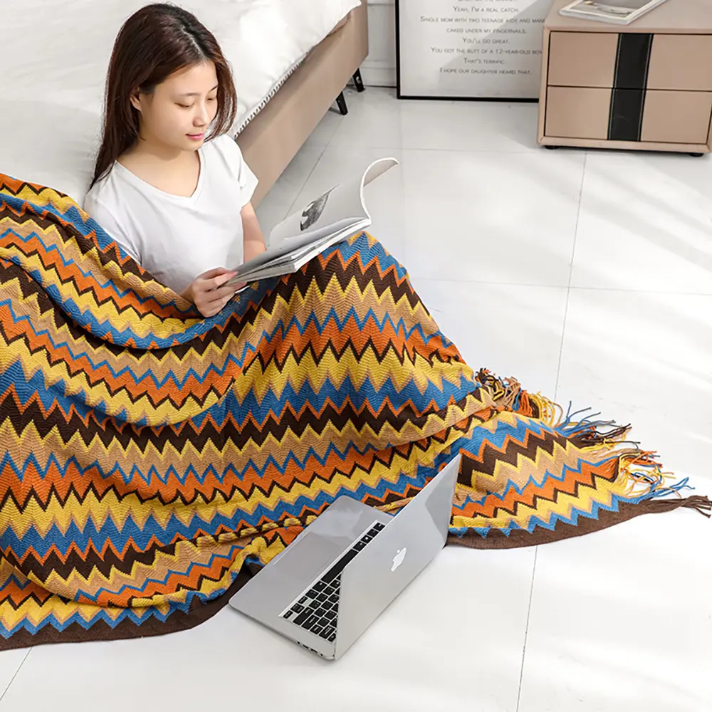 1Pc Bohemian Knitted Blanket with Tassels, Vintage Oversized Blanket