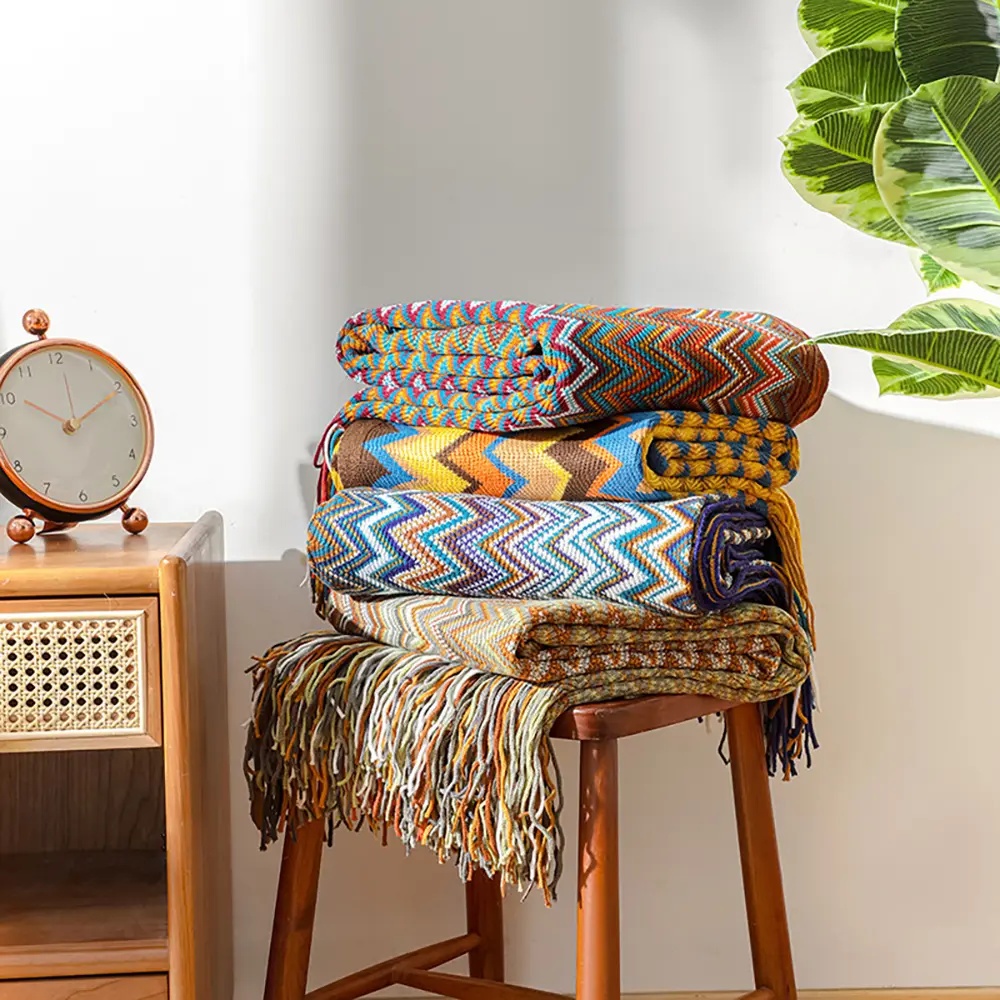 1Pc Bohemian Knitted Blanket with Tassels, Vintage Oversized Blanket