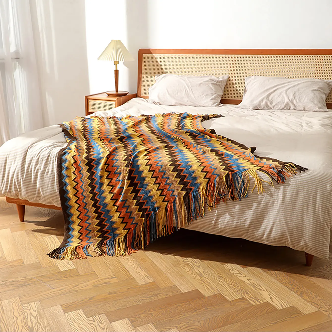 1Pc Bohemian Knitted Blanket with Tassels, Vintage Oversized Blanket