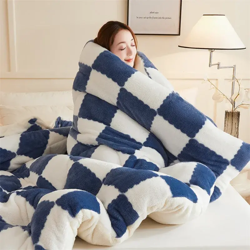 Super Thick Warm Winter Checkerboard Duvet Blankets Soft Artificial Lamb Cashmere Weighted Fluffy Warmth Duvet Comforter Quilt