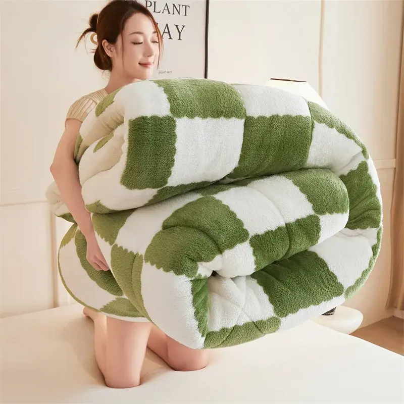 Super Thick Warm Winter Checkerboard Duvet Blankets Soft Artificial Lamb Cashmere Weighted Fluffy Warmth Duvet Comforter Quilt