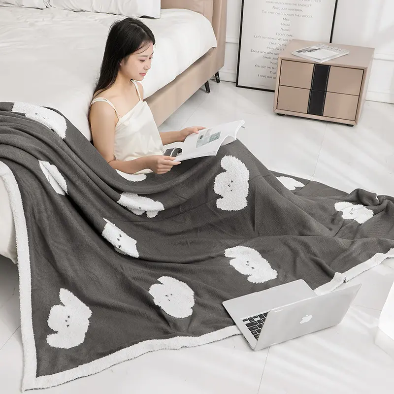 Puppy Double-Sided Half Flannel Blanket Napping Knitted Towel Sofa Cover Blanket for Office Home Skin-Friendly Breathable Quilt